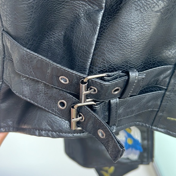 Floral Embroidered Vegan Leather Motorcycle Jacket - Picture 7 of 13